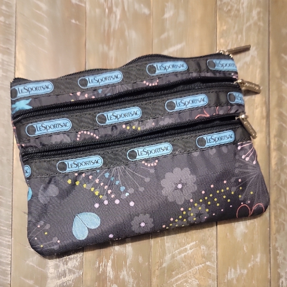 LeSportsac Black Floral Triple Zipper Pouch